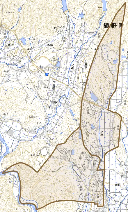 小座とその周辺の地図。町の範囲を重ねている