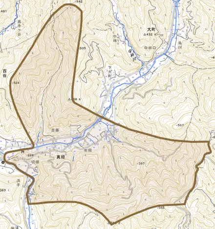真経とその周辺の地図。町の範囲を重ねている