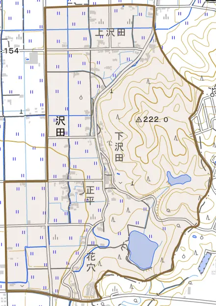 沢田とその周辺の地図。町の範囲を重ねている