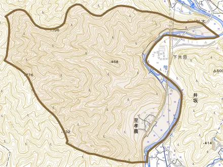 至孝農とその周辺の地図。町の範囲を重ねている