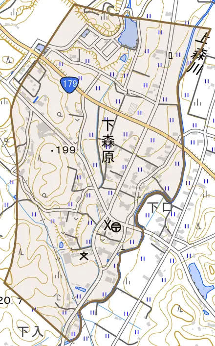 下森原とその周辺の地図。町の範囲を重ねている