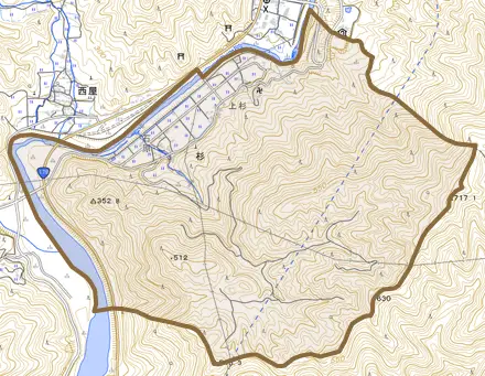 杉とその周辺の地図。町の範囲を重ねている
