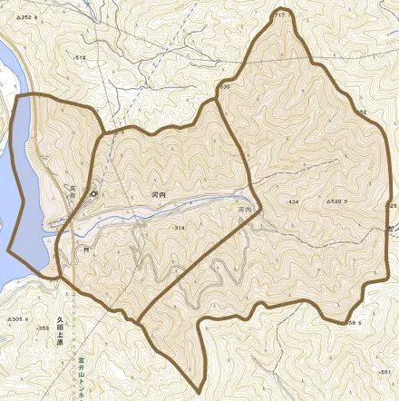 河内とその周辺の地図。町の範囲を重ねている