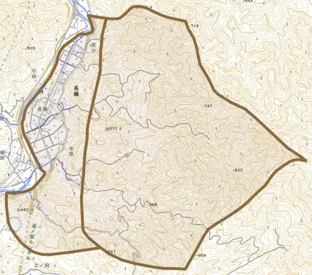 長藤とその周辺の地図。町の範囲を重ねている