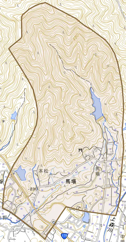 馬場とその周辺の地図。町の範囲を重ねている
