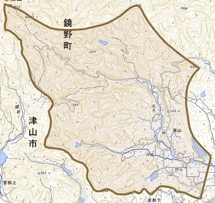 高山とその周辺の地図。町の範囲を重ねている