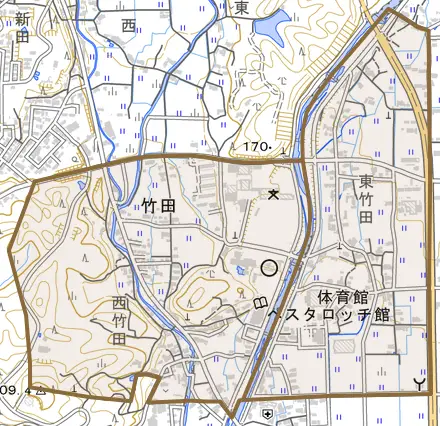 竹田とその周辺の地図。町の範囲を重ねている
