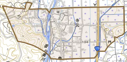 寺元とその周辺の地図。町の範囲を重ねている