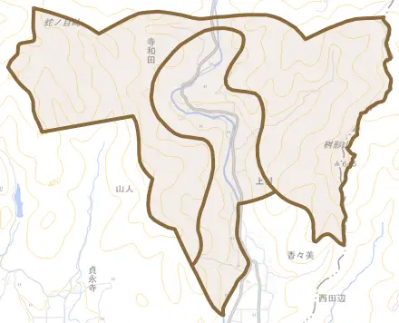 寺和田とその周辺の地図。町の範囲を重ねている