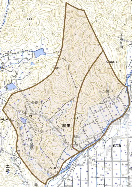 和田とその周辺の地図。町の範囲を重ねている