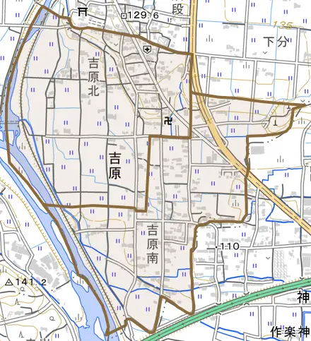 吉原とその周辺の地図。町の範囲を重ねている