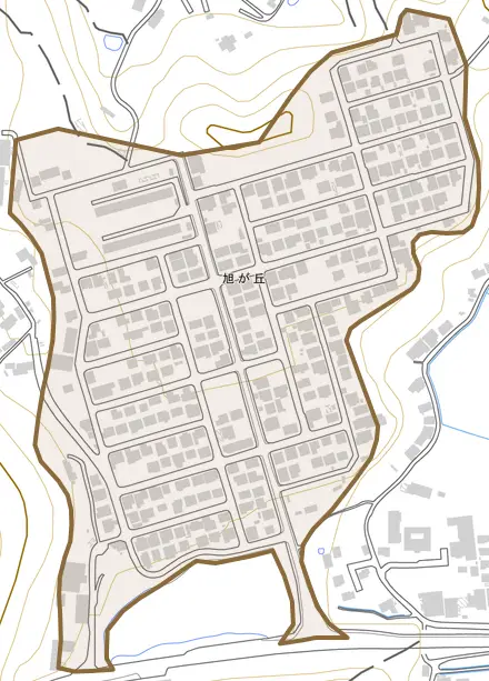 旭が丘とその周辺の地図。町の範囲を重ねている