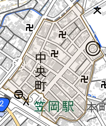中央町とその周辺の地図。町の範囲を重ねている