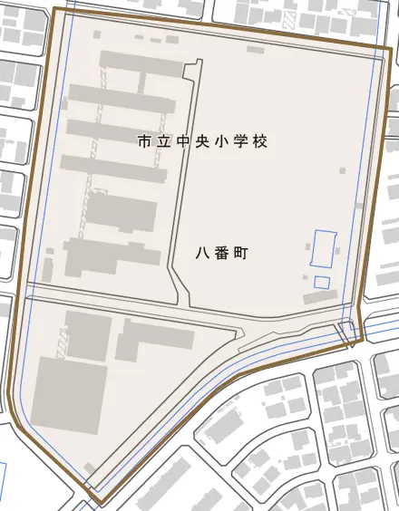 八番町とその周辺の地図。町の範囲を重ねている