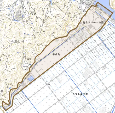 平成町とその周辺の地図。町の範囲を重ねている