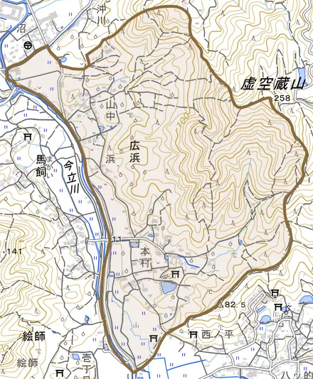 広浜とその周辺の地図。町の範囲を重ねている