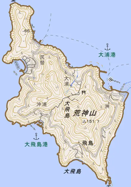 飛島とその周辺の地図。町の範囲を重ねている