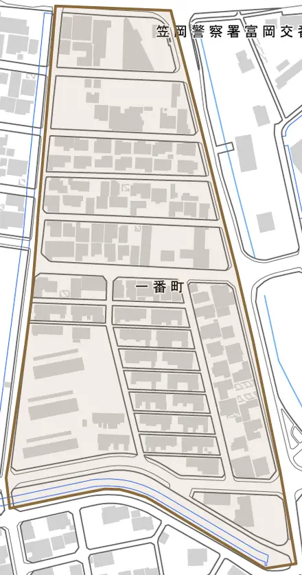一番町とその周辺の地図。町の範囲を重ねている
