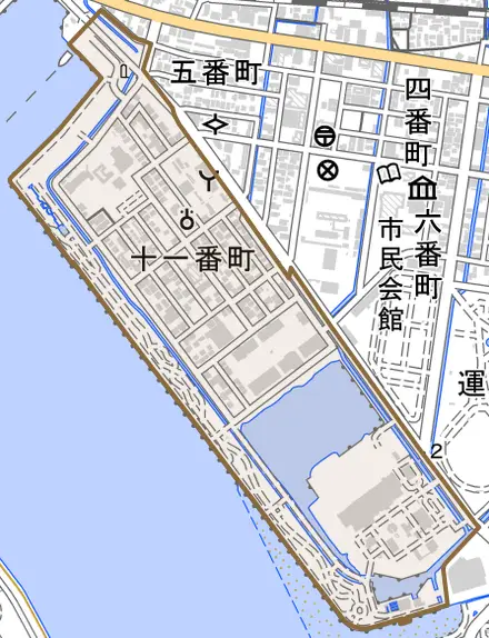 十一番町とその周辺の地図。町の範囲を重ねている