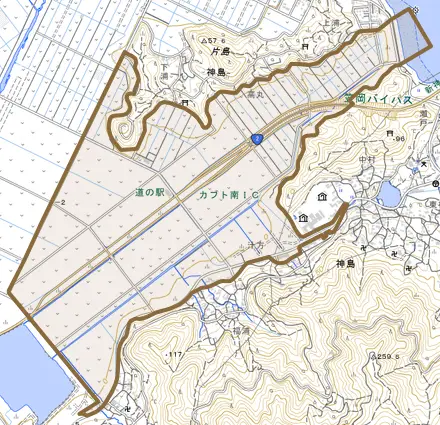 カブト南町とその周辺の地図。町の範囲を重ねている