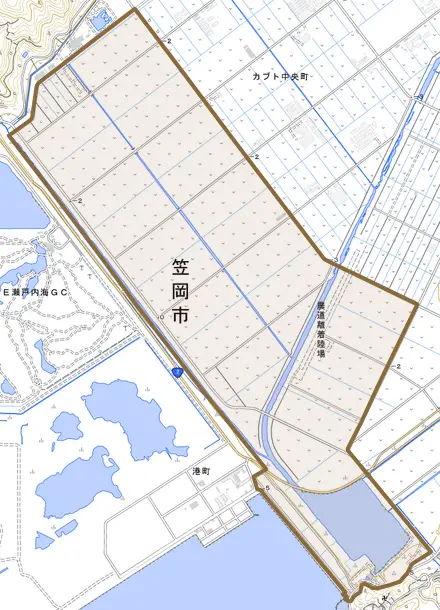 カブト西町とその周辺の地図。町の範囲を重ねている