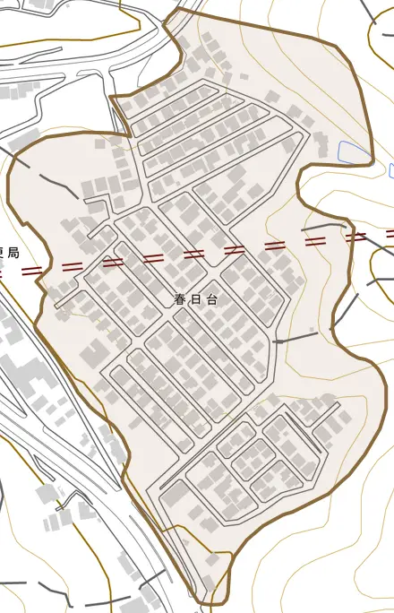 春日台とその周辺の地図。町の範囲を重ねている