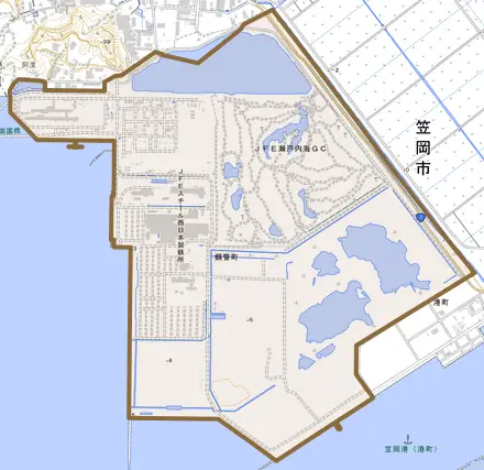 鋼管町とその周辺の地図。町の範囲を重ねている
