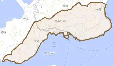 神島外浦とその周辺の地図。町の範囲を重ねている