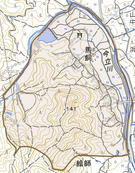 馬飼とその周辺の地図。町の範囲を重ねている