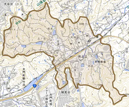 用之江とその周辺の地図。町の範囲を重ねている