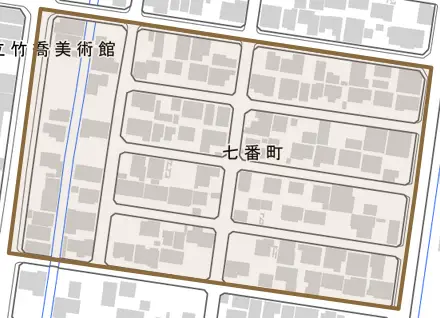 七番町とその周辺の地図。町の範囲を重ねている