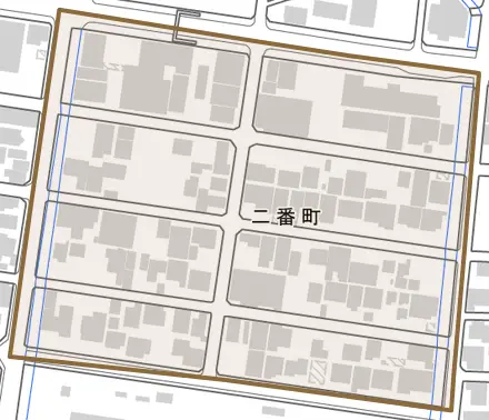 二番町とその周辺の地図。町の範囲を重ねている
