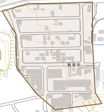 西茂平とその周辺の地図。町の範囲を重ねている
