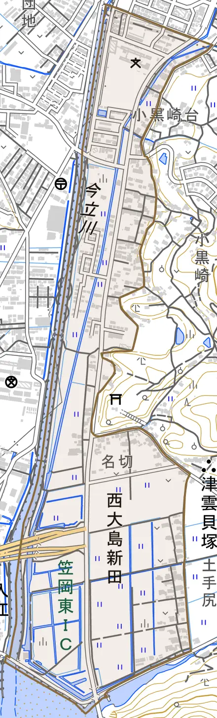 西大島新田とその周辺の地図。町の範囲を重ねている