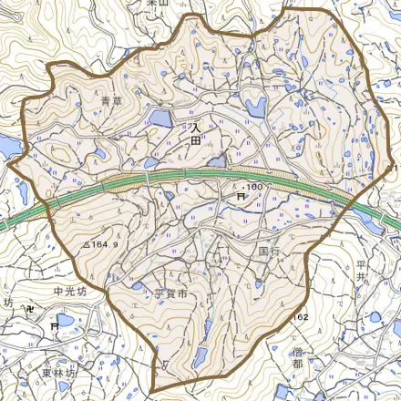 入田とその周辺の地図。町の範囲を重ねている