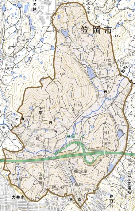 小平井とその周辺の地図。町の範囲を重ねている