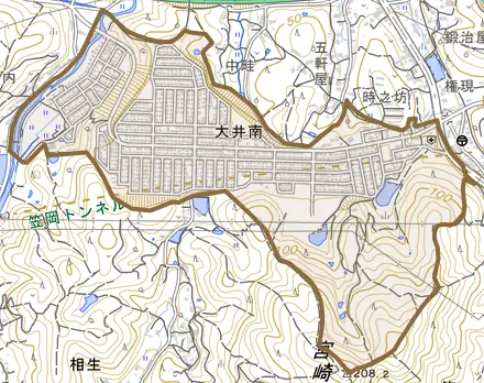 大井南とその周辺の地図。町の範囲を重ねている