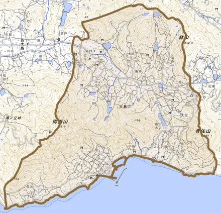 大島中とその周辺の地図。町の範囲を重ねている