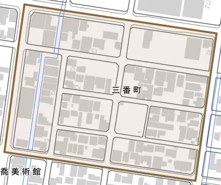 三番町とその周辺の地図。町の範囲を重ねている