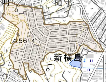 新横島とその周辺の地図。町の範囲を重ねている