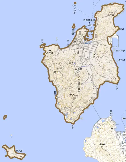 白石島とその周辺の地図。町の範囲を重ねている