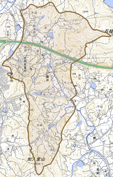 園井とその周辺の地図。町の範囲を重ねている