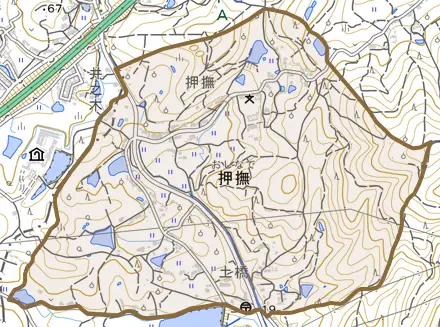 押撫とその周辺の地図。町の範囲を重ねている