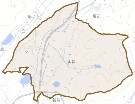 山口とその周辺の地図。町の範囲を重ねている
