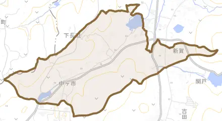 新賀とその周辺の地図。町の範囲を重ねている