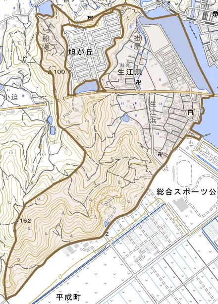 生江浜とその周辺の地図。町の範囲を重ねている