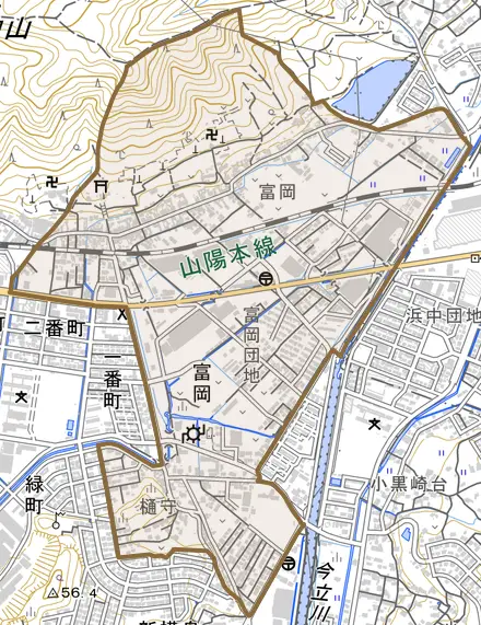 富岡とその周辺の地図。町の範囲を重ねている