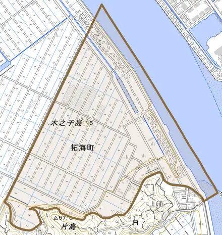 拓海町とその周辺の地図。町の範囲を重ねている