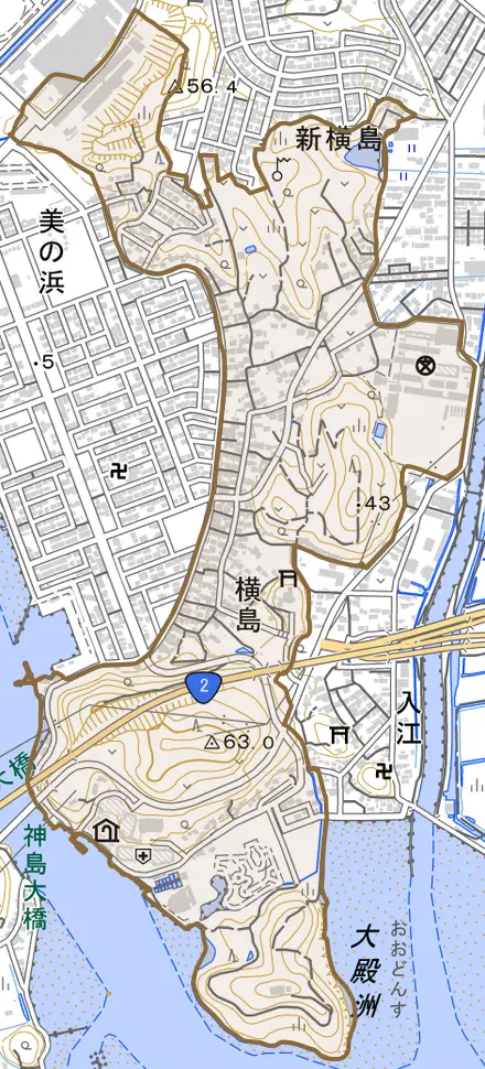 横島とその周辺の地図。町の範囲を重ねている
