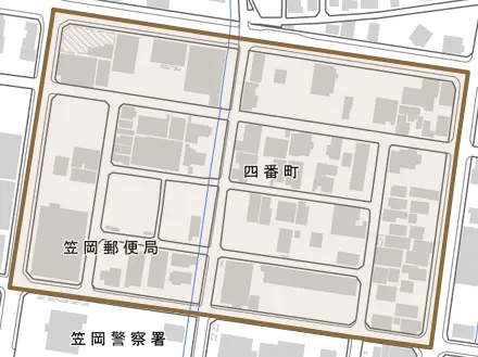 四番町とその周辺の地図。町の範囲を重ねている